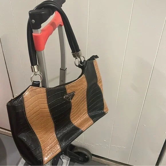 Authentic Prada Black and Tan Croc-Pattern Shoulder Bag - Picture 4 of 10